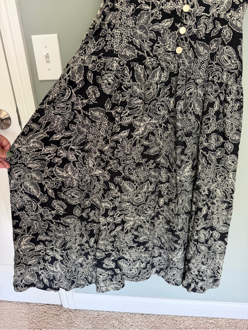 Vintage Jane Singer Black Cream Floral Cottagecore Button Front Midi Dress - Picture 8 of 14
